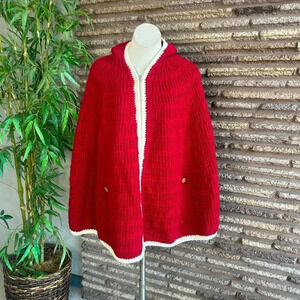 Vintage 70s Handknit Red with White Trim Poncho Cape Full Zip
